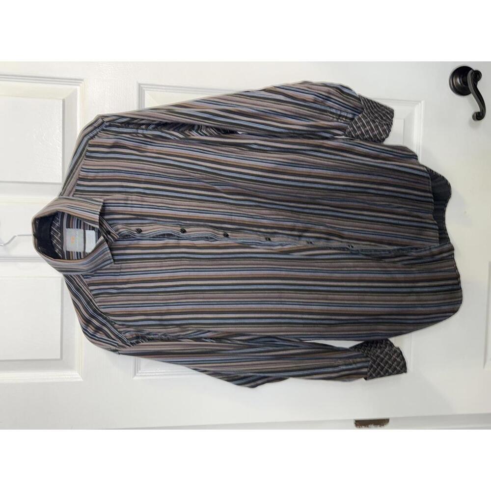 Thomas Dean Men's Striped Contrast Cuff Multicolored Shirt L